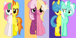 Size: 1414x721 | Tagged: safe, artist:british-octopus, blossomforth, cheerilee, lemon hearts, lily, lily valley, lyra heartstrings, spitfire, earth pony, pegasus, pony, unicorn, g4, magical mystery cure, alternate mane six, what my cutie mark is telling me