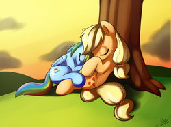 Size: 1720x1280 | Tagged: safe, artist:skecchiart, applejack, rainbow dash, g4, cuddling, eyes closed, female, lesbian, ship:appledash, shipping, sleeping, snuggling