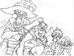 Size: 1060x800 | Tagged: safe, artist:irie-mangastudios, pinkie pie, trixie, pony, unicorn, g4, buggy the clown, costume swap, crossover, female, hat, laughing, mare, monkey d. luffy, monochrome, one piece, pencil drawing, pirate, traditional art