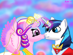 Size: 1000x750 | Tagged: safe, artist:anna-krylova, princess cadance, shining armor, g4, clothes, dress, female, horn, horn ring, kissing, male, ship:shiningcadance, shipping, straight, wedding dress