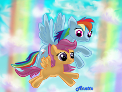 Size: 1000x750 | Tagged: safe, artist:anna-krylova, rainbow dash, scootaloo, g4, duo, flying, scootaloo can fly, scootalove