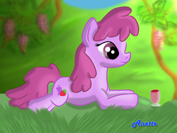 Size: 1000x750 | Tagged: safe, artist:anna-krylova, berry punch, berryshine, g4, drink, female, grapes, prone, solo