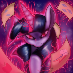 Size: 1680x1680 | Tagged: safe, artist:suirano, twilight sparkle, pony, unicorn, g4, bust, corrupted, female, glowing eyes, glowing horn, horn, magic, portrait, solo