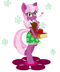 Size: 559x668 | Tagged: safe, artist:sasinun, cheerilee, earth pony, anthro, unguligrade anthro, g4, apple, book, cheeribetes, clothes, cute, dress, equestria girls outfit, female, happy, heart, looking at you, open mouth, skirt, smiling, solo, sweater vest