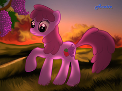 Size: 1000x750 | Tagged: safe, artist:anna-krylova, berry punch, berryshine, g4, female, grapes, raised hoof, smiling, solo, sunset