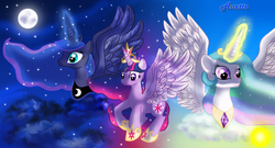 Size: 1419x768 | Tagged: safe, artist:anna-krylova, princess celestia, princess luna, twilight sparkle, alicorn, pony, g4, female, magic, mare, twilight sparkle (alicorn)