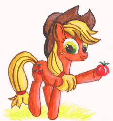 Size: 768x825 | Tagged: safe, artist:anna-krylova, applejack, g4, apple, female, hoof hold, solo, traditional art