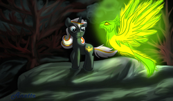 Size: 1000x584 | Tagged: safe, artist:anna-krylova, oc, oc only, oc:pyrelight, oc:velvet remedy, balefire phoenix, phoenix, pony, unicorn, fallout equestria, fanfic, fanfic art, female, horn, mare, smiling, solo, wasteland