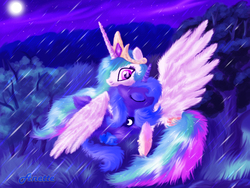 Size: 1000x750 | Tagged: safe, artist:anna-krylova, princess celestia, princess luna, g4, duo, fluffy, moon, neck nuzzle, night, nuzzling, s1 luna, sleeping, snuggling