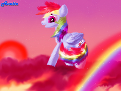 Size: 1000x750 | Tagged: safe, artist:anna-krylova, rainbow dash, g4, cloud, cloudy, female, fluffy, rainbow, solo