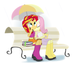 Size: 1050x950 | Tagged: safe, artist:dm29, fluttershy, sunset shimmer, equestria girls, g4, backpack, book, boots, clothes, friendshipping, head on shoulder, julian yeo is trying to murder us, park bench, rain, rain boots, simple background, skirt, tank top, transparent background, umbrella, younger
