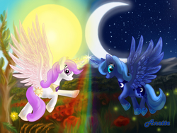 Size: 1000x750 | Tagged: safe, artist:anna-krylova, princess celestia, princess luna, g4, duo, filly, flying, magic, pink-mane celestia, younger