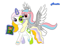 Size: 1000x750 | Tagged: safe, artist:anna-krylova, oc, oc only, oc:asteam moses, oc:dee visions, pegasus, pony, unicorn, adoptable, carrot, chips, duo, flying, heterochromia, lays, magic, simple background, telekinesis, transparent background