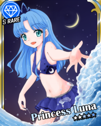 Size: 960x1200 | Tagged: safe, artist:d-tomoyo, princess luna, human, g4, belly button, bikini, card, clothes, female, humanized, idolmaster, midriff, moon, solo, swimsuit, water, young