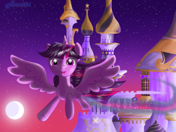 Size: 1000x750 | Tagged: safe, artist:anna-krylova, twilight sparkle, alicorn, pony, g4, canterlot castle, female, flying, mare, solo, sunset, twilight sparkle (alicorn)