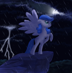Size: 982x1000 | Tagged: safe, artist:anna-krylova, oc, oc only, pegasus, pony, bipedal, fluffy, moon, night, solo, spread wings, storm