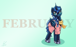 Size: 4000x2500 | Tagged: safe, artist:lovelyneckbeard, princess luna, g4, alternate hairstyle, braid, clothes, february, female, palindrome get, smiling, solo