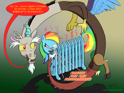 Size: 2400x1800 | Tagged: safe, artist:halflingpony, discord, rainbow dash, draconequus, g4, discord being discord, duo, inanimate tf, male, objectification, pun, radiator, radiator dash, this will end in fire, this will end in pain, transformation