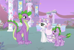 Size: 2452x1648 | Tagged: safe, artist:mississippikite, spike, sweetie belle, oc, dracony, hybrid, g4, female, interspecies offspring, male, offspring, older, parent:spike, parent:sweetie belle, parents:spikebelle, ship:spikebelle, shipping, straight, wedding