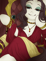 Size: 768x1024 | Tagged: safe, artist:うめぐる, rarity, semi-anthro, g4, arm hooves, cleavage, clothes, condescending, dress, female, grin, jewelry, red dress, smug, solo