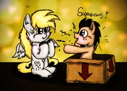 Size: 2763x1987 | Tagged: safe, artist:prokrastynatorka, derpy hooves, doctor whooves, time turner, pegasus, pony, g4, female, male, mare, present, ship:doctorderpy, shipping, sitting, straight, surprised, unshorn fetlocks