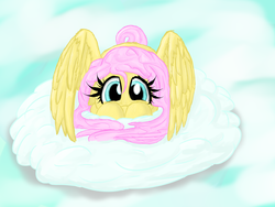 Size: 2048x1536 | Tagged: safe, artist:prokrastynatorka, fluttershy, g4, cloud, cloudy, female, looking at you, prone, sad, solo, spread wings
