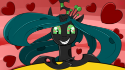 Size: 1920x1080 | Tagged: safe, artist:briarspark, queen chrysalis, changeling, changeling queen, g4, female, grin, heart, heart eyes, kitchen eyes, looking at you, solo, wingding eyes