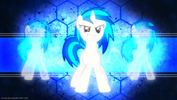 Size: 2560x1440 | Tagged: safe, artist:antylavx, artist:pixiepea, edit, dj pon-3, vinyl scratch, pony, unicorn, g4, badass, female, hooves, horn, mare, smiling, solo, teeth, vector, wallpaper