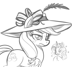 Size: 923x855 | Tagged: source needed, safe, artist:reiduran, applejack, rarity, g4, angry, applejack is not amused, dress up, frown, giant hat, grin, hat, monochrome, smiling, squee, stars, unamused