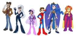 Size: 7442x3508 | Tagged: safe, artist:edcom02, artist:jmkplover, princess luna, sunset shimmer, twilight sparkle, human, spiders and magic: rise of spider-mane, equestria girls, g4, amethyst sorceress, black cat, crossover, humanized, male, marvel, peter parker, simple background, spider-man, transparent background, wolverine