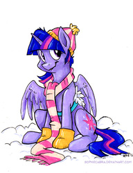 Size: 577x750 | Tagged: safe, artist:spainfischer, twilight sparkle, alicorn, pony, g4, booties, clothes, female, looking at you, mare, scarf, sitting, snow, solo, traditional art, twilight sparkle (alicorn)