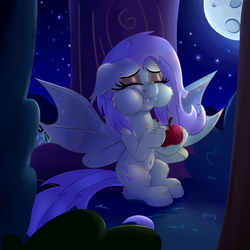 Size: 3000x3000 | Tagged: safe, artist:discorded, fluttershy, g4, :t, apple, belly button, cute, eating, eyes closed, fangs, female, floppy ears, fluffy, flutterbat, high res, moon, night, nom, puffy cheeks, shyabates, shyabetes, sitting, smiling, solo, spread wings, unshorn fetlocks