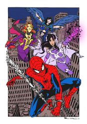 Size: 1649x2350 | Tagged: safe, artist:edcom02, artist:riveiro15, princess luna, sunset shimmer, twilight sparkle, human, spiders and magic: rise of spider-mane, g4, amethyst sorceress, crossover, humanized, male, marvel, spider-man