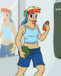 Size: 1000x1250 | Tagged: dead source, safe, artist:bigponiesinc, rainbow dash, human, ask feedee twilight, g4, belly button, clothes, humanized, midriff, mirror, tank top