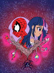 Size: 1600x2154 | Tagged: safe, artist:edcom02, artist:jmkplover, twilight sparkle, human, spider, spiders and magic: rise of spider-mane, equestria girls, g4, amethyst sorceress, crack shipping, crossover, humanized, male, marvel, spider web, spider-man, spidertwi