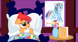 Size: 626x342 | Tagged: safe, artist:creshosk, rainbow dash, scootaloo, pony, g4, backwards thermometer, bed, blushing, cold, flu, ice pack, pillow, sick, thermometer