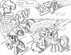 Size: 1744x1341 | Tagged: safe, artist:quarium, bon bon, derpy hooves, lyra heartstrings, pinkie pie, rainbow dash, sweetie drops, trixie, pegasus, pony, g4, bench, female, flying, heart, lesbian, mare, monochrome, muffin, ship:lyrabon, shipping, sitting