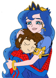 Size: 1133x1573 | Tagged: safe, artist:edcom02, artist:jmkplover, princess luna, human, spiders and magic: rise of spider-mane, equestria girls, g4, crossover, hug, humanized, male, peter parker, simple background, spider-man, spiderluna, transparent background