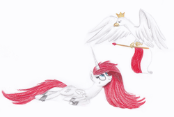 Size: 1024x688 | Tagged: safe, artist:segraece, oc, oc only, oc:queen poland, alicorn, eagle, pony, alicorn oc, cuffs, duo, flag, hopeful, independence day, looking up, nation ponies, poland, polish national independence day