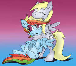 Size: 800x698 | Tagged: safe, artist:krazykari, derpy hooves, rainbow dash, pegasus, pony, g4, duo, female, hug, mare, underhoof