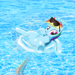 Size: 2000x2000 | Tagged: safe, artist:zigrock, rainbow dash, pegasus, pony, g4, featureless crotch, female, floating, floaty, high res, inflatable, inner tube, on back, solo, sunglasses, translucent inflatable, underhoof, water