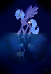 Size: 1100x1600 | Tagged: safe, artist:malkah1999, nightmare moon, princess luna, alicorn, pony, g4, duality, female, raised hoof, reflection, s1 luna, solo, spread wings