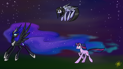 Size: 1600x900 | Tagged: safe, artist:cosmalumi, nightmare moon, twilight sparkle, oc, g4