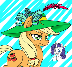 Size: 923x855 | Tagged: safe, artist:eduardo-rivera, artist:reiduran, applejack, rarity, g4, and then there's rarity, applejack also dresses in style, colored, frown, giant hat, grin, hat, smiling, squee, stars, unamused