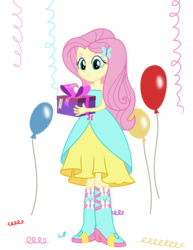 Size: 4806x6213 | Tagged: safe, artist:kiowa213, fluttershy, equestria girls, g4, absurd resolution, balloon, beautiful, boots, clothes, confetti, cute, dress, fall formal outfits, happy, high heel boots, present, sleeveless, smiling, strapless