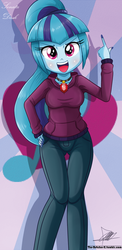 Size: 645x1321 | Tagged: safe, artist:the-butch-x, sonata dusk, human, equestria girls, g4, my little pony equestria girls: rainbow rocks, beautiful, beautiful x, clothes, cute, explicit source, female, gem, hand on hip, high ponytail, hoodie, long hair, looking at you, open mouth, ponytail, siren gem, smiling, solo, sonatabetes, sunburst background