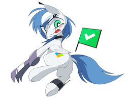 Size: 2600x2000 | Tagged: safe, artist:aurura, oc, oc only, oc:morro, pegasus, pony, blushing, butt, check mark, claws, dock, female, flag, high res, hoof blades, mare, microsoft windows, open mouth, pixiv, plot, ponified, security essentials, simple background, solo, white background