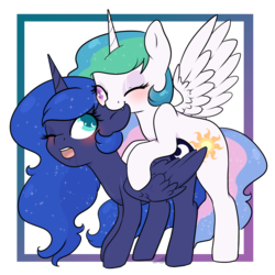 Size: 1280x1280 | Tagged: safe, artist:smallandnaughty, princess celestia, princess luna, alicorn, pony, g4, blushing, drool, drool string, ear bite, fangs, female, heart eyes, incest, lesbian, looking at each other, one eye closed, open mouth, ship:princest, shipping, wingboner, wingding eyes