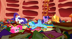 Size: 1099x598 | Tagged: safe, screencap, applejack, pinkie pie, rainbow dash, rarity, twilight sparkle, earth pony, pegasus, pony, unicorn, g4, sonic rainboom (episode), golden oaks library, scroll, unicorn twilight