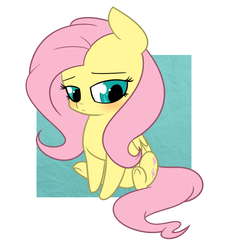 Size: 888x978 | Tagged: safe, artist:estrill, fluttershy, pony, g4, abstract background, blushing, chibi, cute, female, shyabetes, sitting, solo